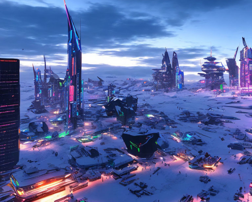 Snow-covered futuristic cityscape with neon-lit skyscrapers at twilight