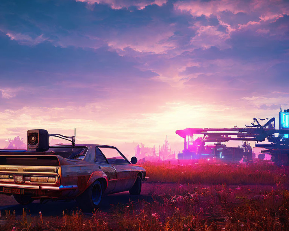 Retro-futuristic car in sunset field with advanced machinery silhouettes