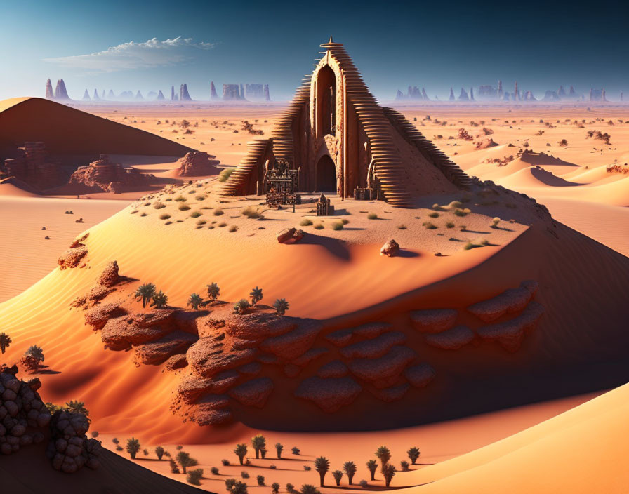 Sandstone Temple on Desert Dune with Rock Formations