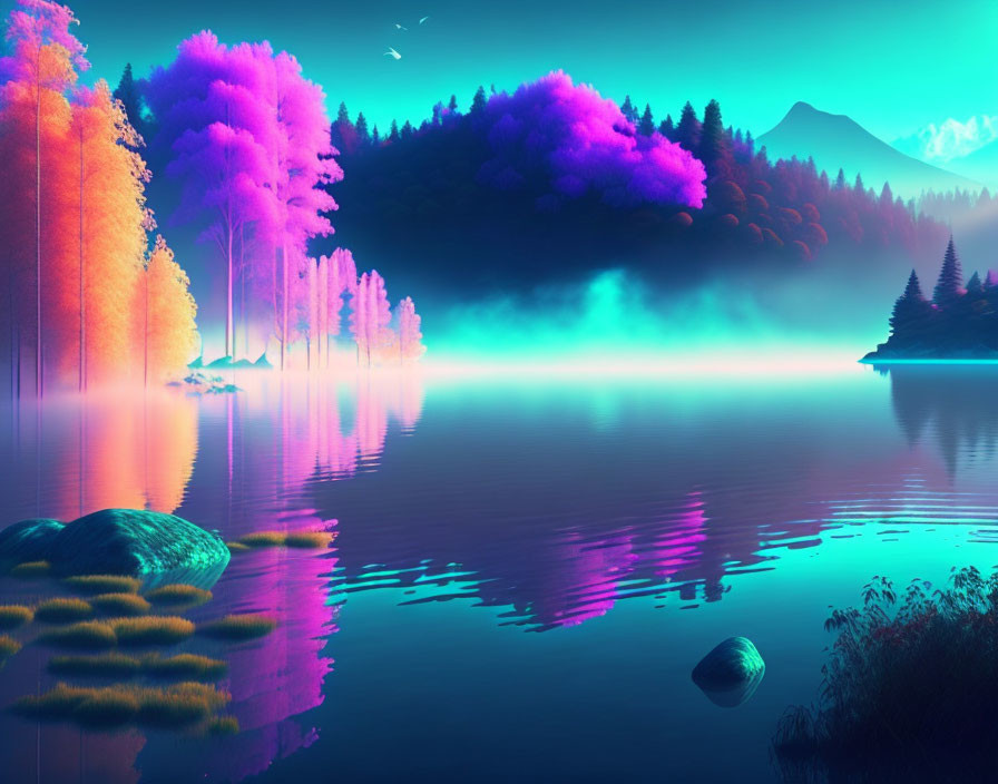 Vibrant digital art: luminous lake, purple and pink trees, surreal sky