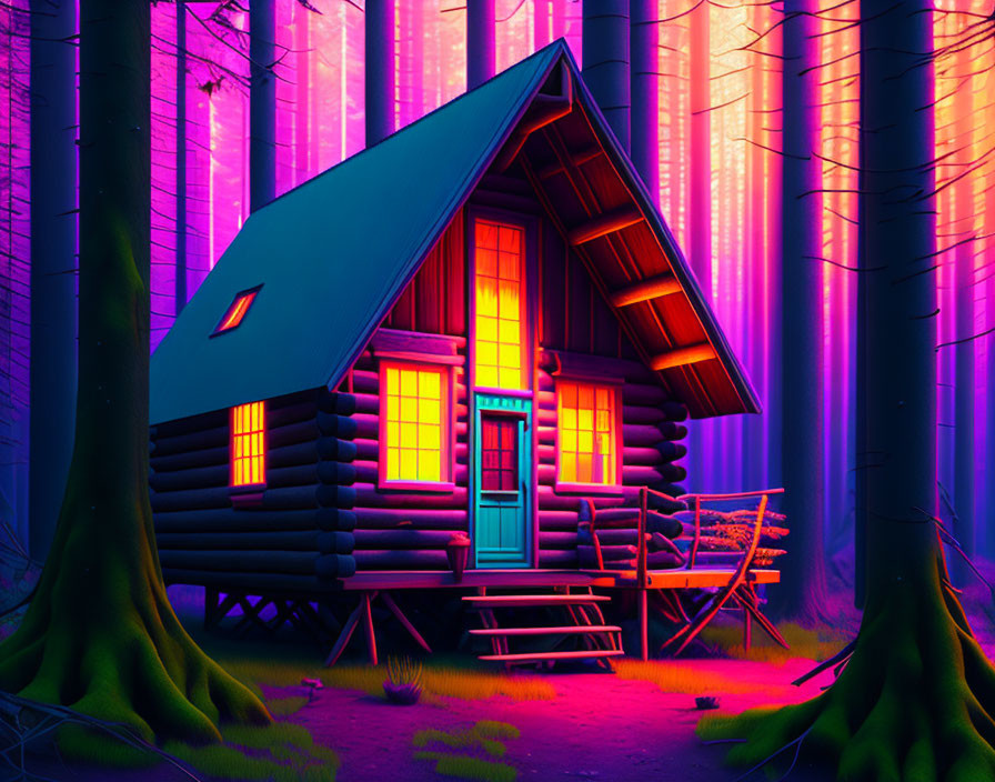 Digital art: Cozy A-frame cabin in neon-lit forest at twilight