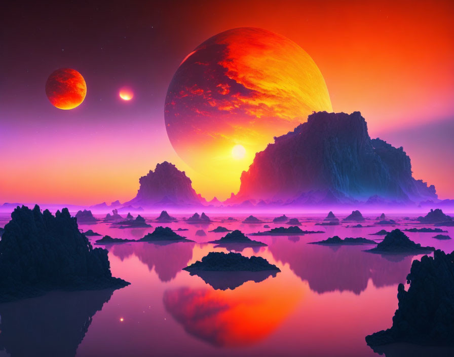 Sci-fi sunset scene with moons, rocky terrain, misty water, and vibrant sky