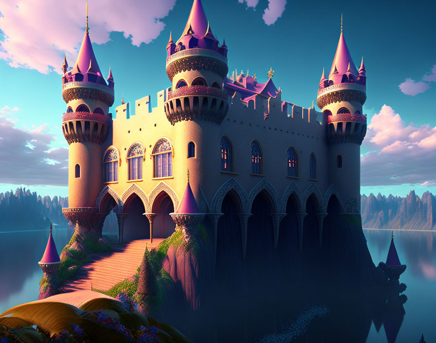 Fantastical pink spired castle on island bridge at twilight