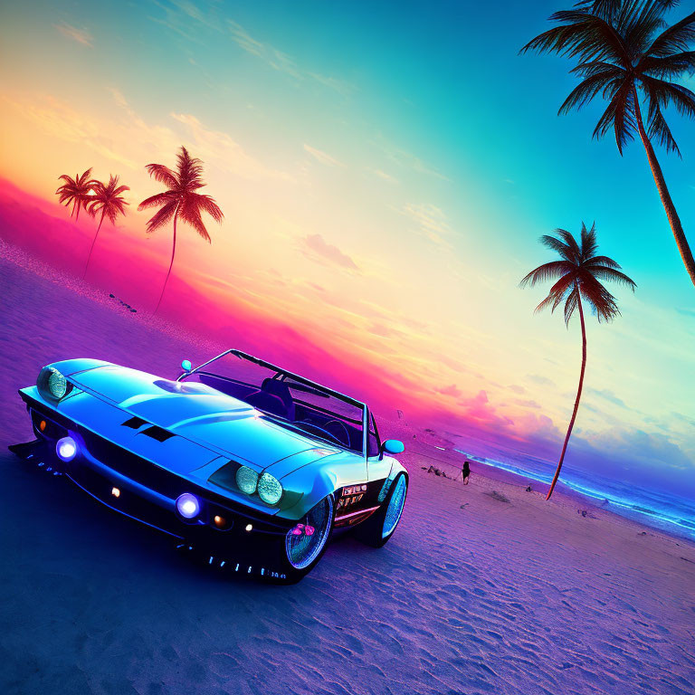 Classic Sports Car on Beach at Sunset with Palm Trees in Colorful Sky