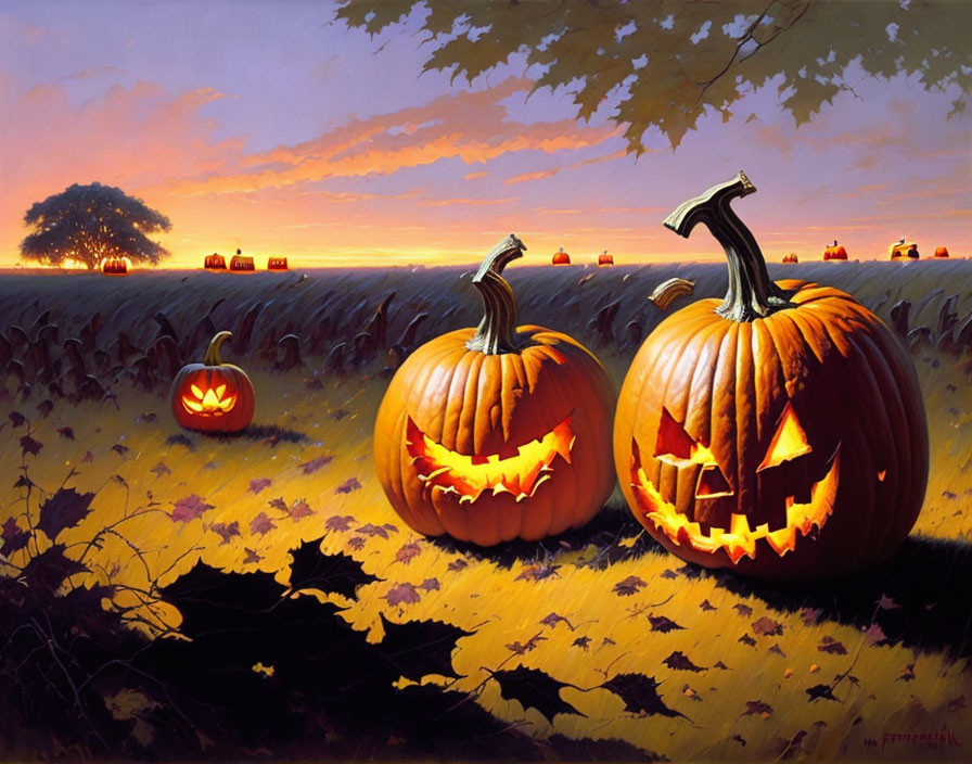 Colorful Halloween painting with carved pumpkins and sunset over farm