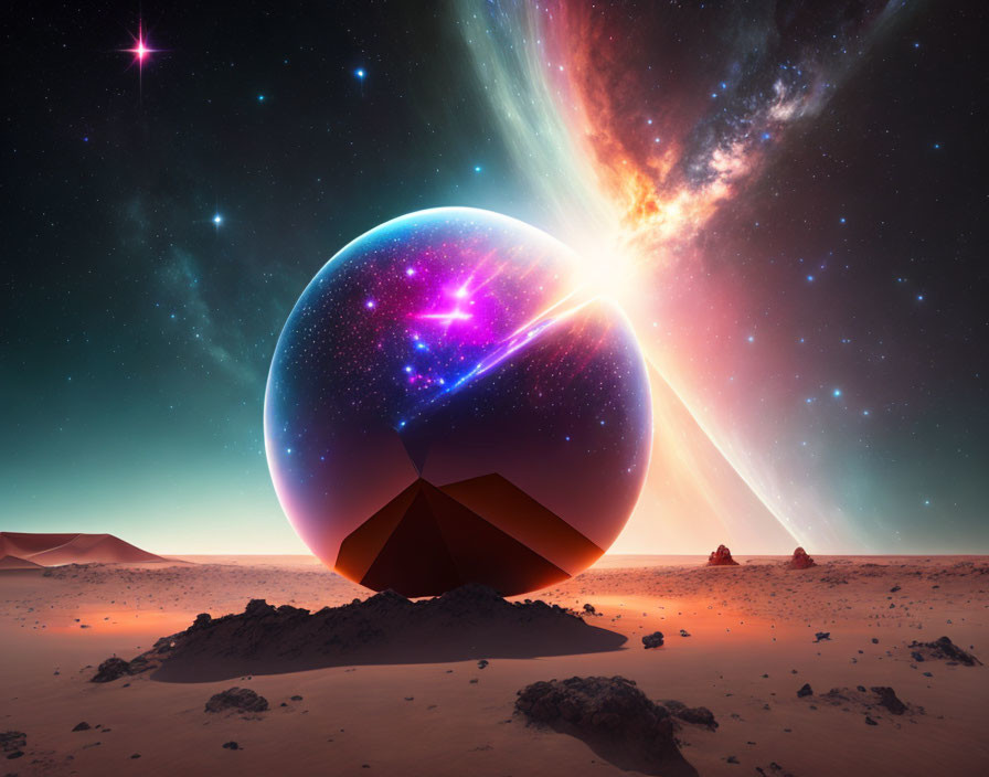 Surreal desert landscape with giant iridescent orb and cosmic stars.