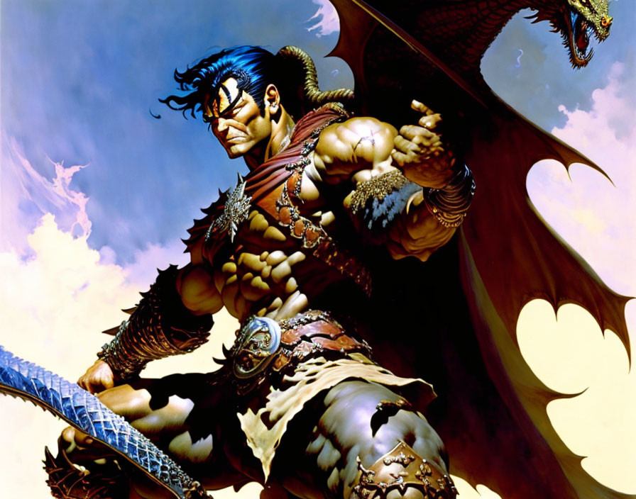 Muscular fantasy warrior in armor with sword, dragon in background