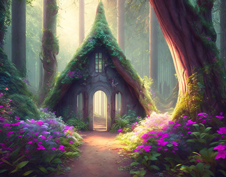 Tranquil forest cottage with green moss and purple flowers in soft sunlight