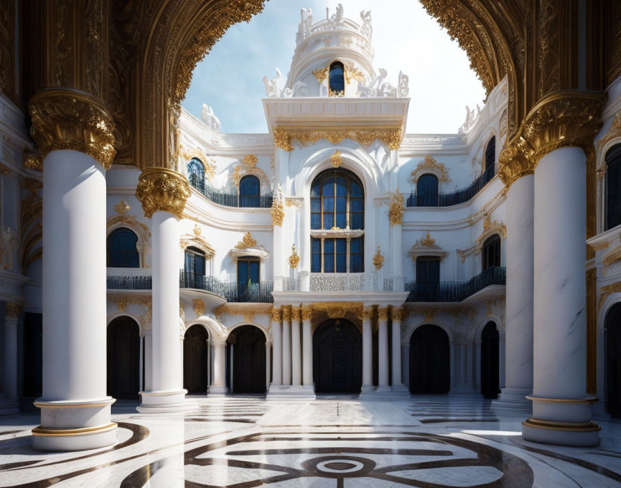 Luxurious Baroque Interior with White Columns and Golden Ornaments