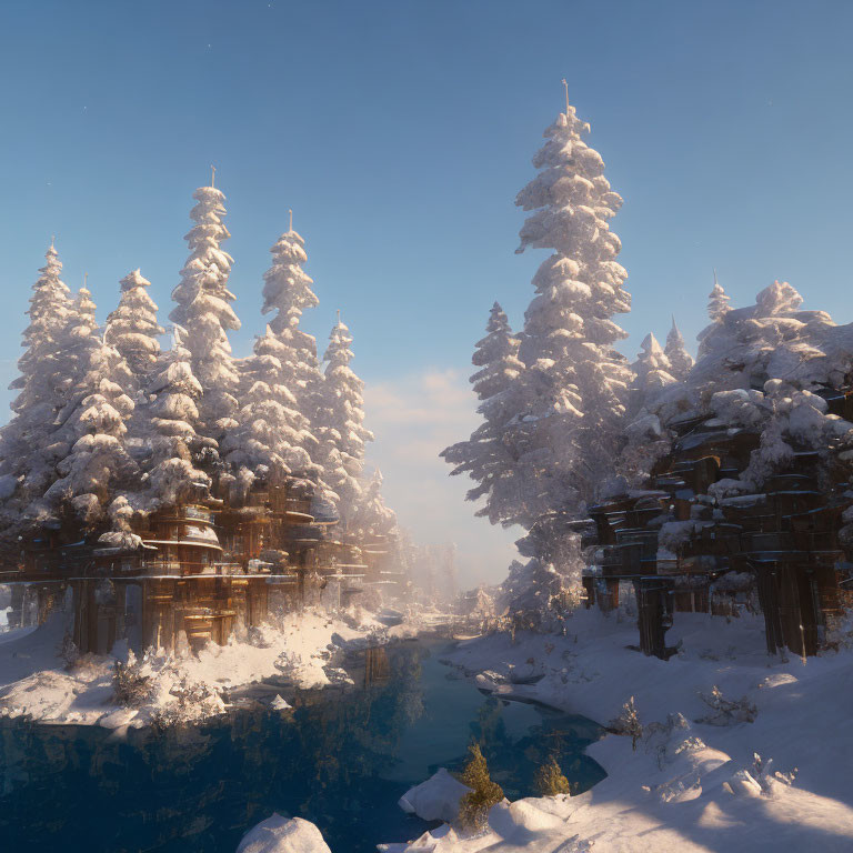 Snow-covered pine trees and ancient ruins beside a serene river.