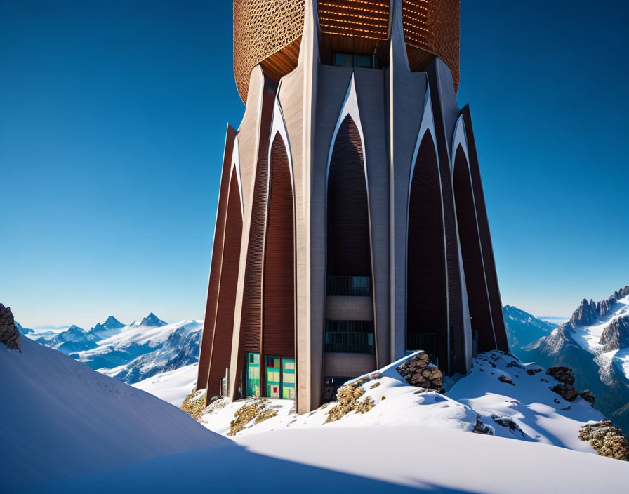 Modern brown and black tower in snowy landscape