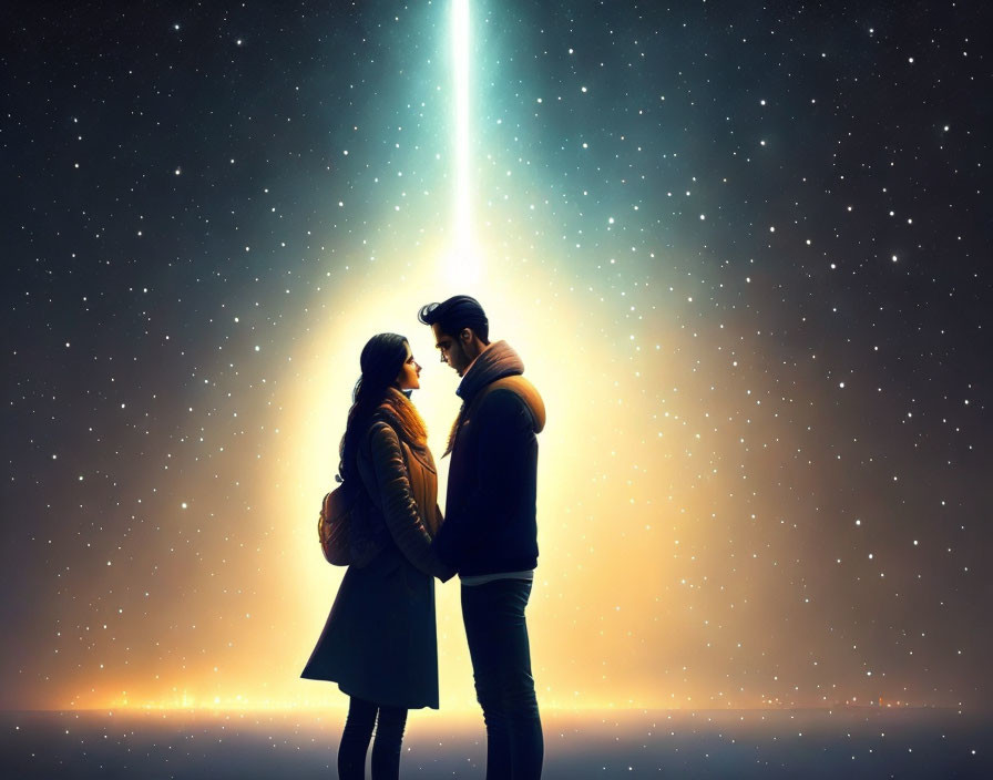 Romantic couple holding hands under starry sky with bright beam of light