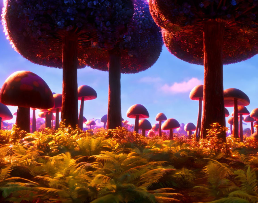 Lush forest scene with oversized mushrooms and twilight sky