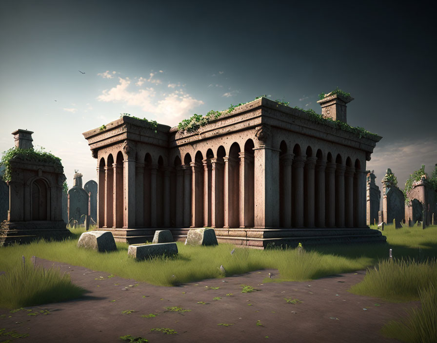 Serene grassy field with ancient Roman-style temple ruins and overgrown vines