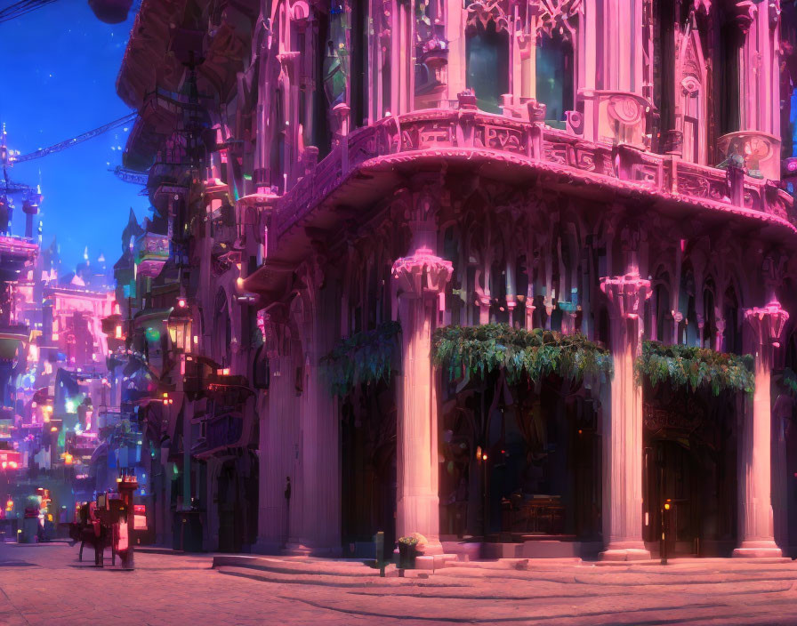 Fantasy cityscape at dusk with pink and purple Gothic building & futuristic structures