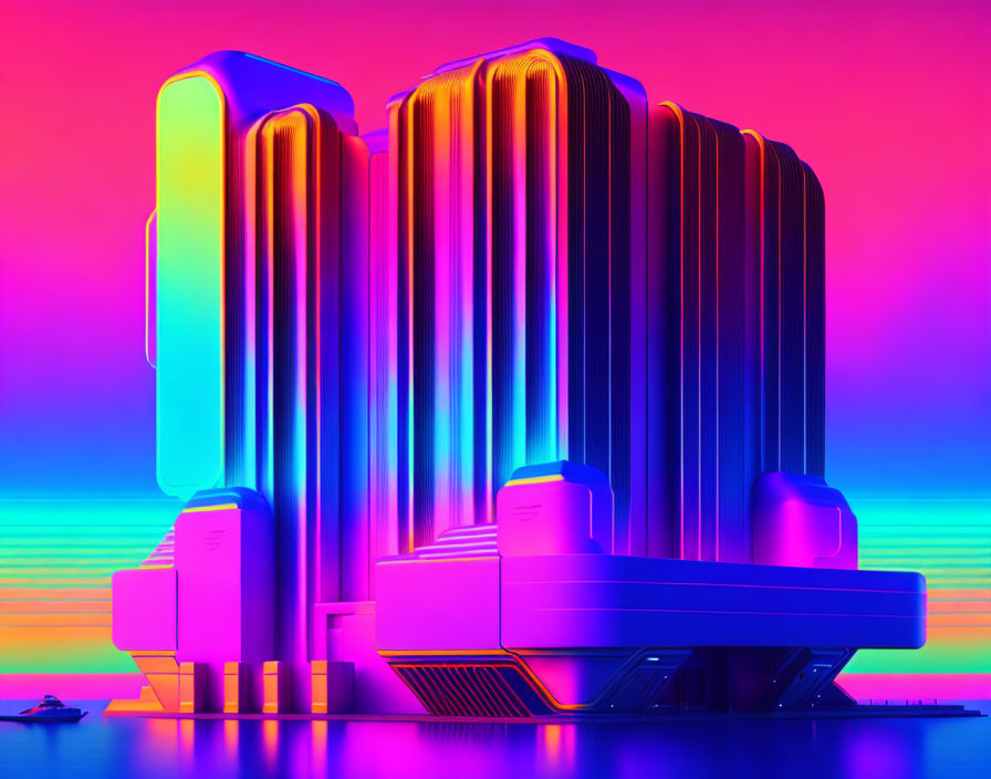 Futuristic neon-lit structures on vibrant gradient background