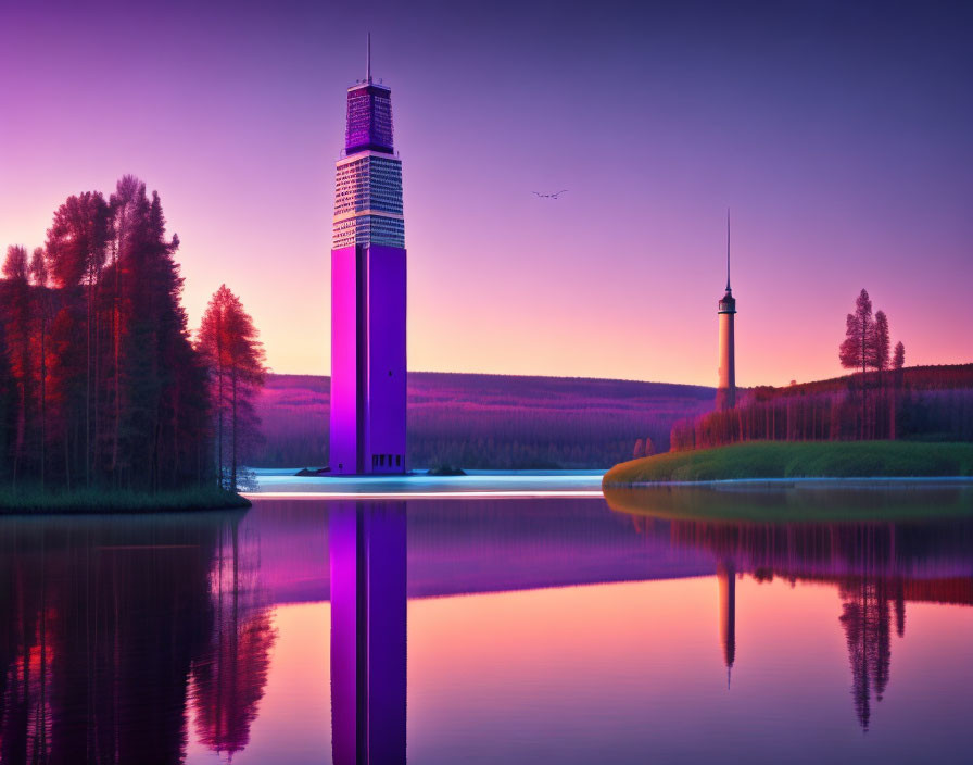 Skyscraper by tranquil lake at dusk with vivid purple skies