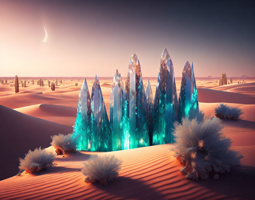 Surreal desert landscape with radiant blue crystals and spiky plants