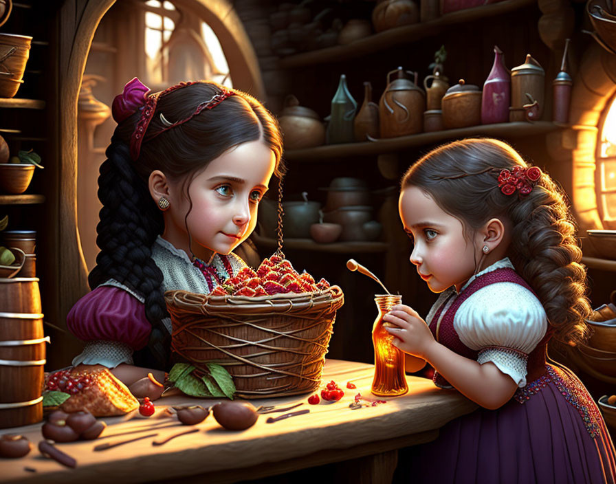 Two girls in antique kitchen with honey, raspberries, and sweets