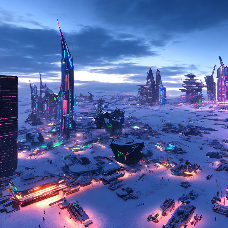 Snow-covered futuristic cityscape with neon-lit skyscrapers at twilight