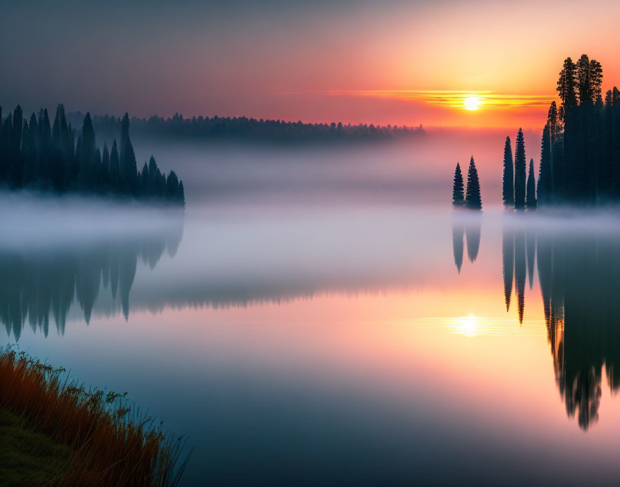 Tranquil sunrise over misty lake with sun reflection and silhouetted trees