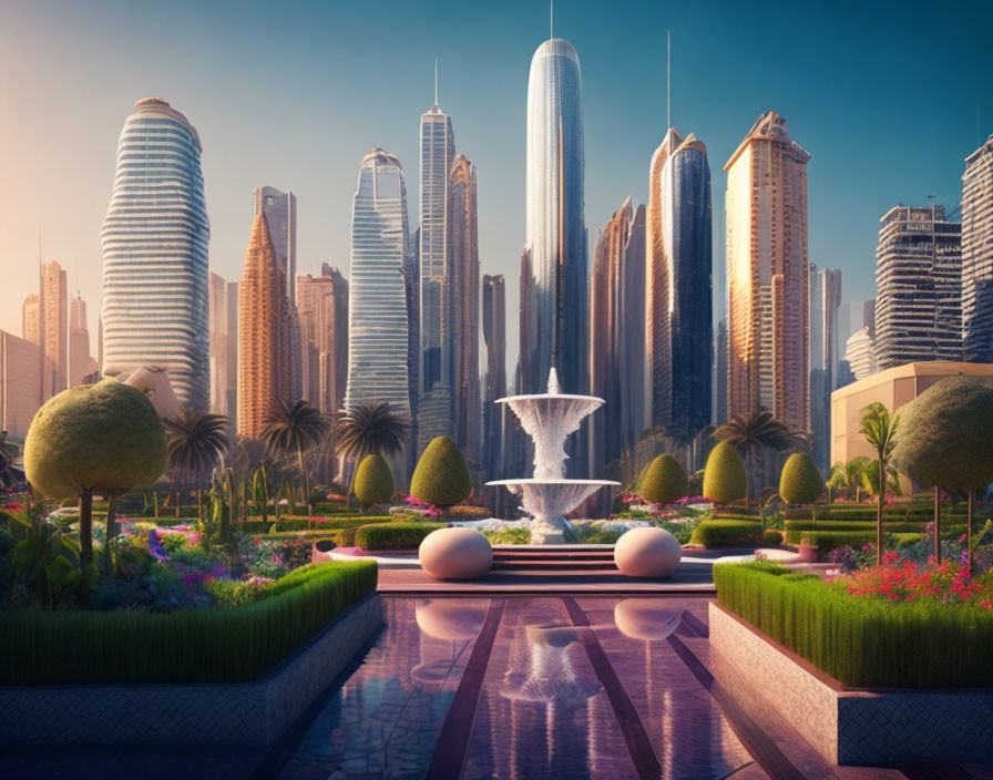 Futuristic skyscrapers and fountain in vibrant cityscape