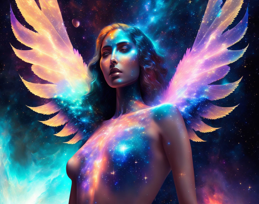 Vibrant cosmic digital artwork: woman with celestial wings in neon colors