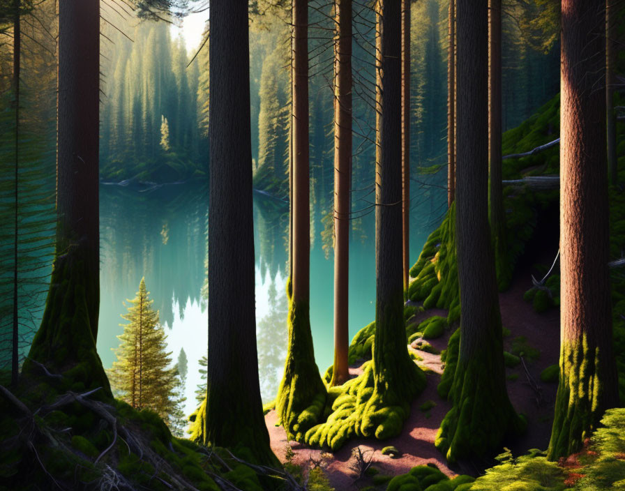 Tranquil forest landscape with tall trees, mossy grounds, and serene blue lake