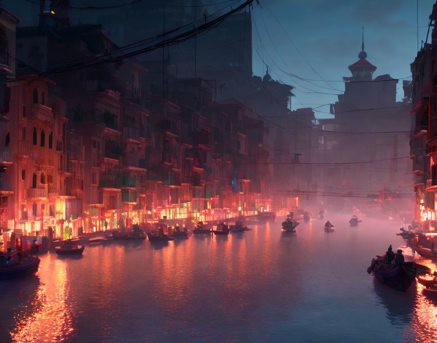 Twilight canal scene with boats and old buildings under red lanterns