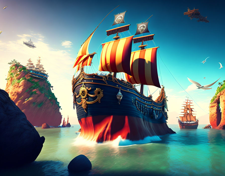 Colorful sea scene with grand ship, floating islands, and flying ships under blue sky