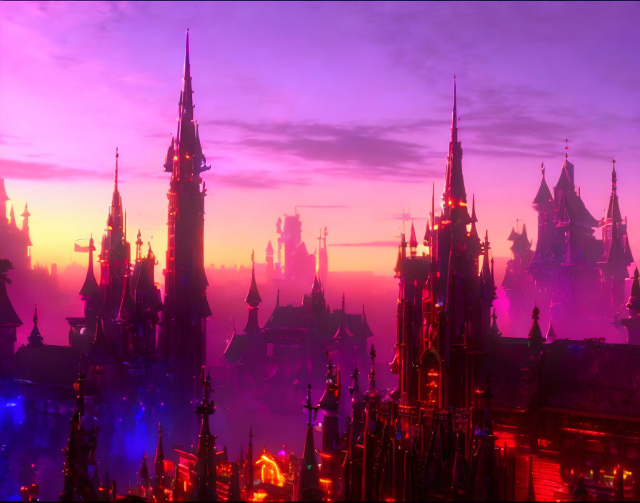 Fantastical cityscape at dusk with towering spires and glowing lights