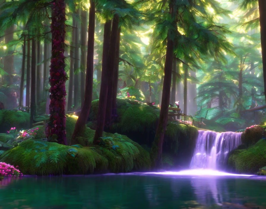 Mystical forest with waterfall, purple pond, lush greenery, and pink flowers