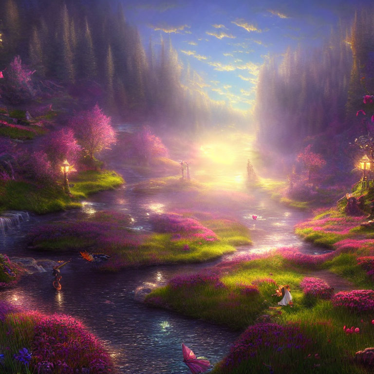 Mystical landscape with stream, purple flora, glowing light, misty trees