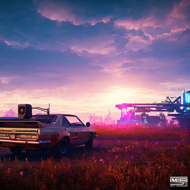 Retro-futuristic car in sunset field with advanced machinery silhouettes