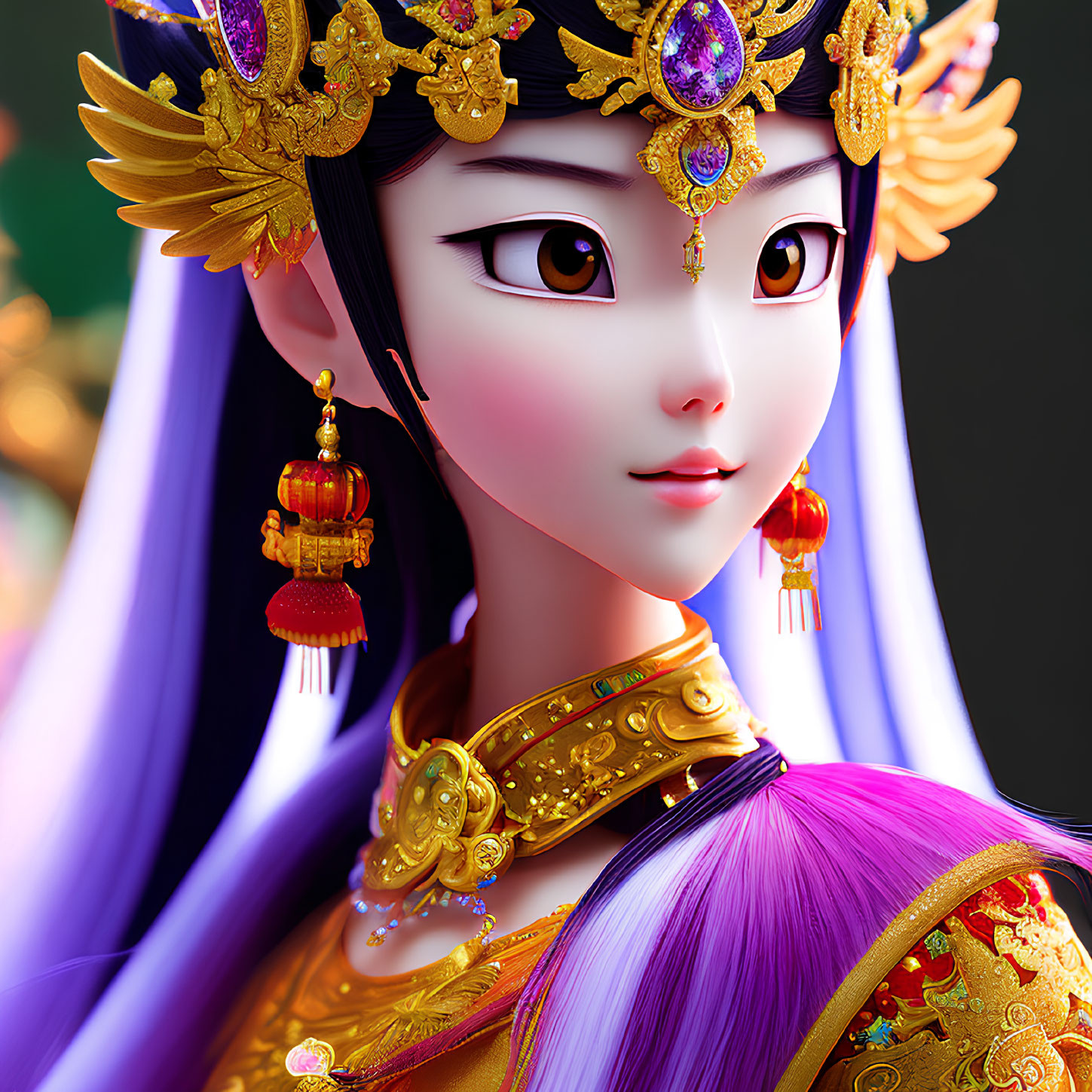 Detailed 3D illustration of female character with purple hair and golden crown in traditional attire