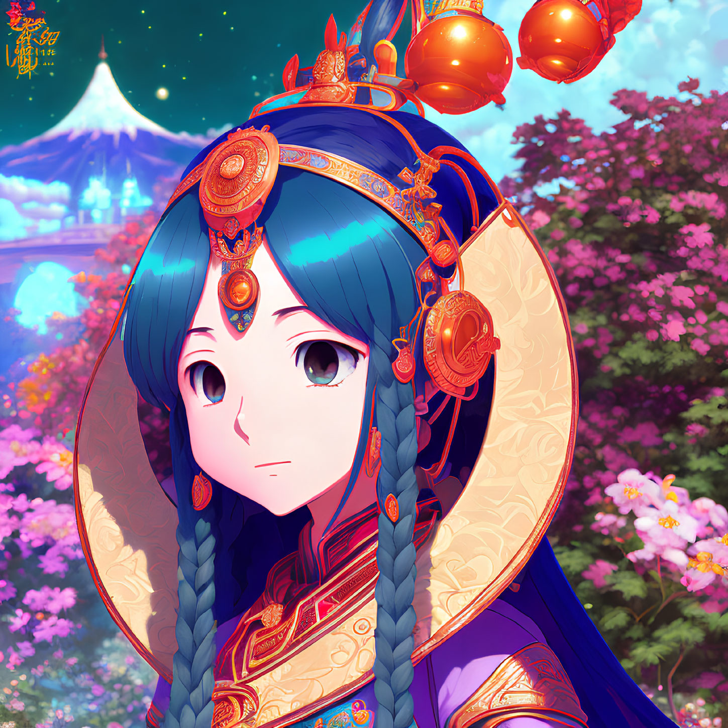 Girl with Blue Hair in Traditional Red and Gold Attire Among Cherry Blossoms