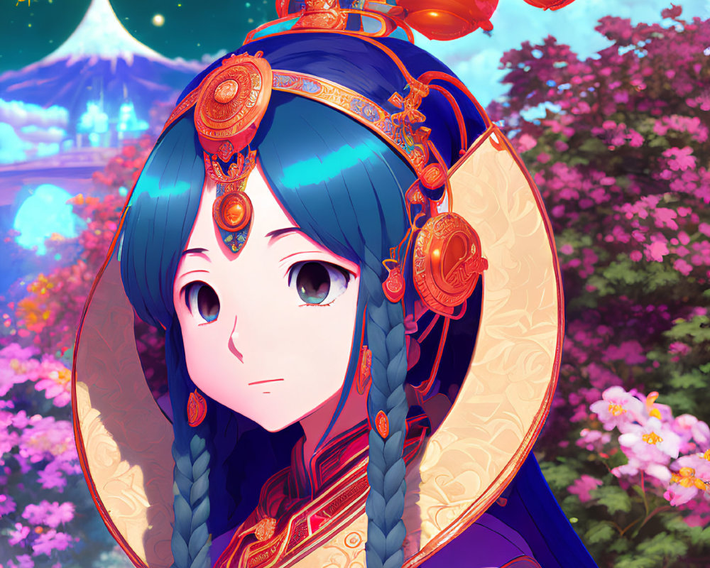 Girl with Blue Hair in Traditional Red and Gold Attire Among Cherry Blossoms