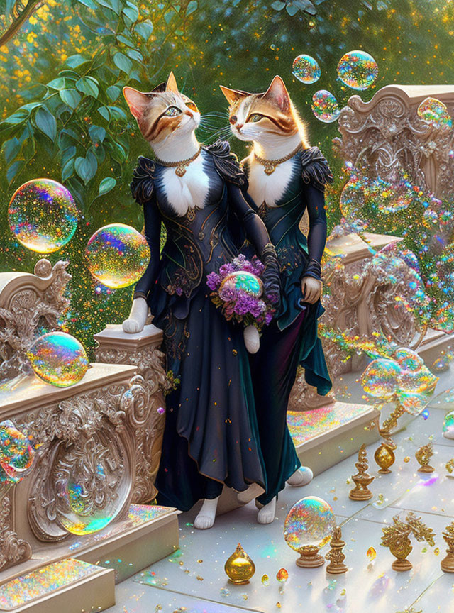 Elegantly dressed cats on staircase with bubbles and golden ornaments