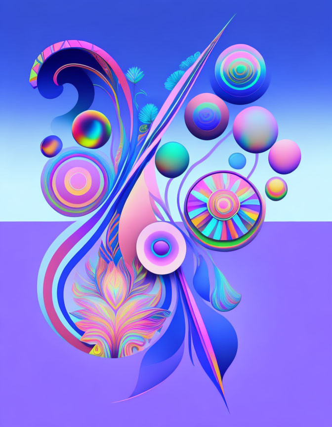 Colorful abstract artwork with swirling patterns and feathers in purple, blue, and pink palette