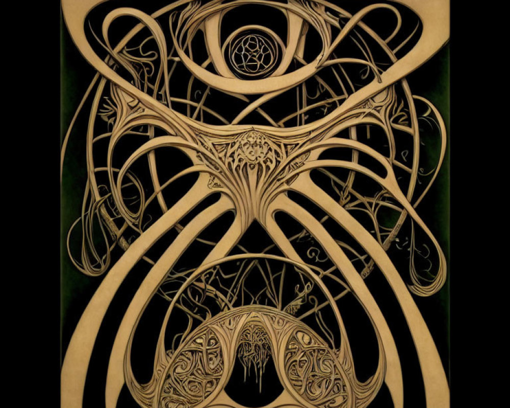 Symmetrical swirling Celtic knotwork art with tree figure on dark background