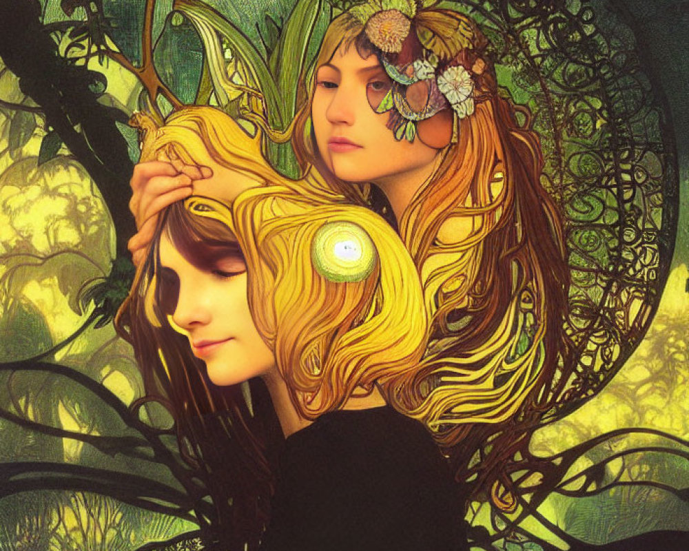 Two women with flowing hair and floral accents in detailed natural setting