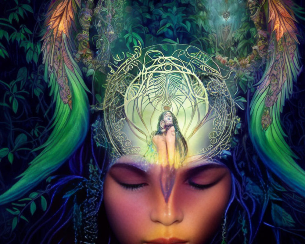 Vibrant mystical digital artwork of a person with closed eyes in fantastical forest setting