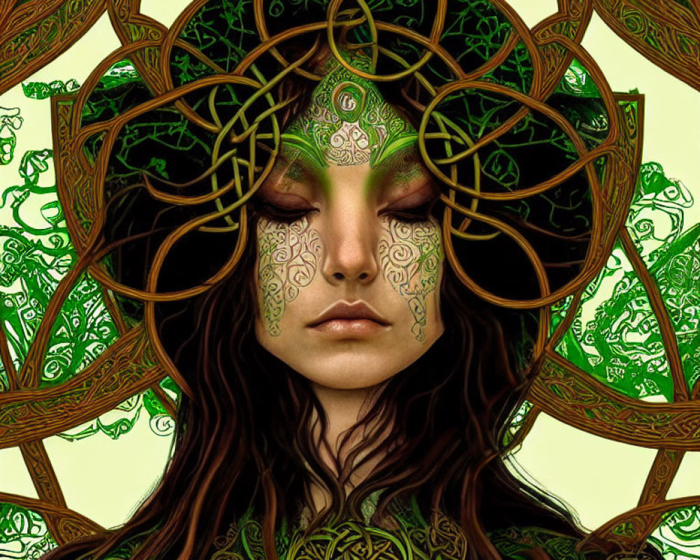 Intricate Celtic Knot Patterns on Woman in Digital Art