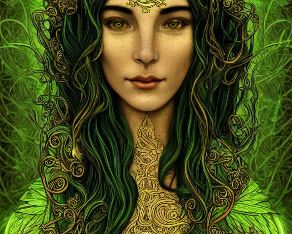 Illustration of woman with green tattoos, vine hair, golden eyes, nature crown