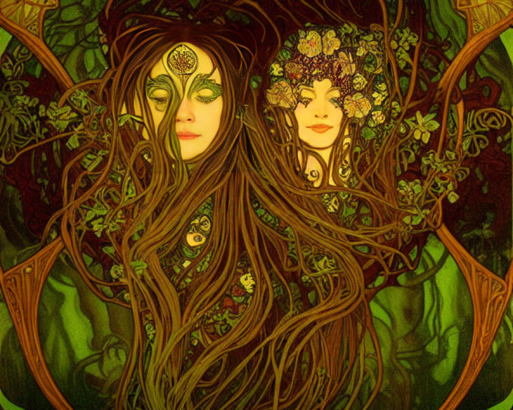 Illustration of two women with entwined hair in Art Nouveau style