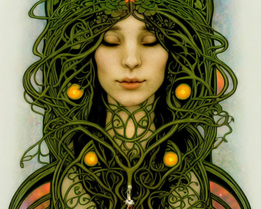 Intricate illustration of serene woman with swirling vine patterns