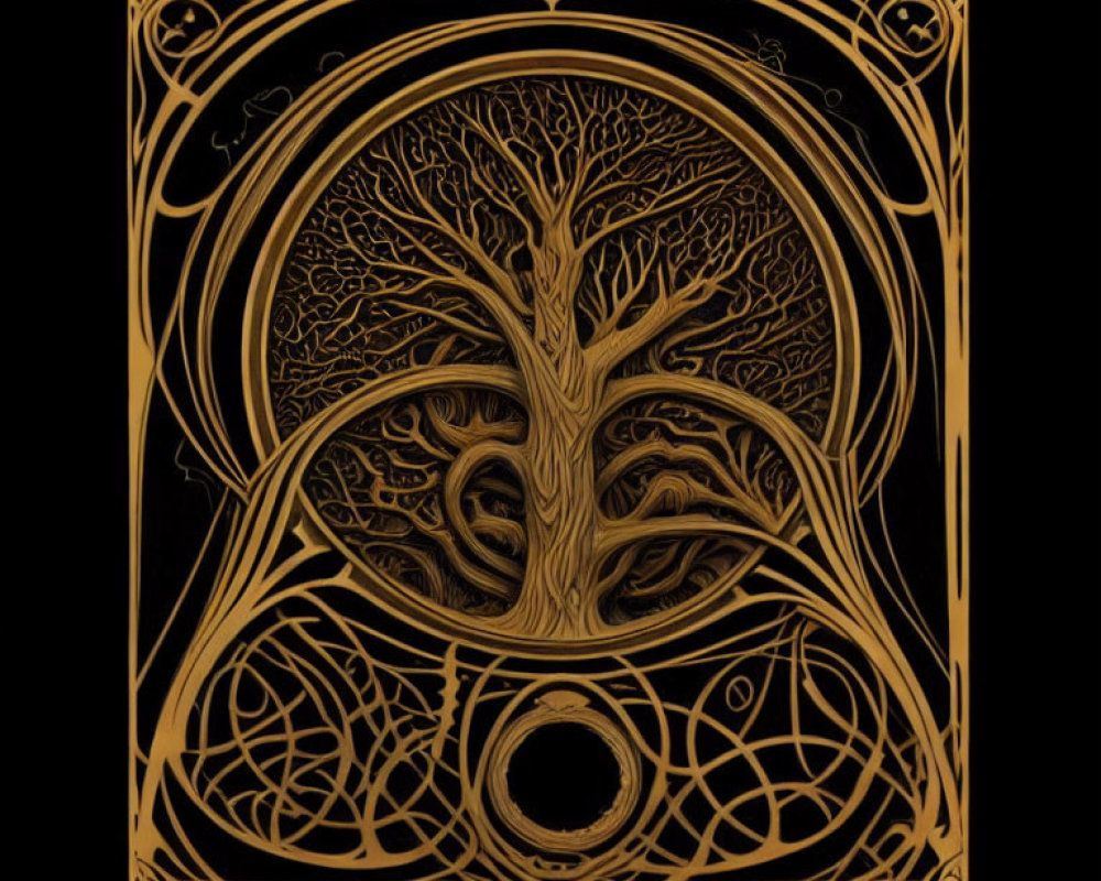 Detailed Tree Design on Black Background in Ornate Golden Border