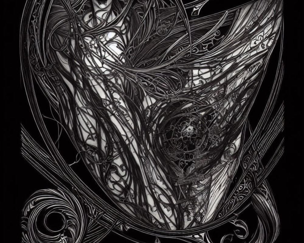 Monochrome artwork with intricate skull and swirling patterns