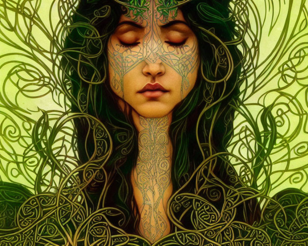 Detailed illustration of woman with closed eyes and intricate green patterns, surrounded by swirling vine-like designs in various