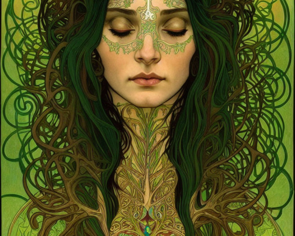 Woman with Celtic knotwork in hair and clothing, emanating serene aura